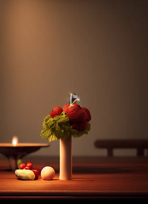 Image similar to a ballerina a wooden table, medieval concept art, cinematic lightning and colors, featured on cg society, photorealism, vray tracing, rendered in unreal engine, photorealistic, vegetables on table and candle, dark lightning, contrast shadows