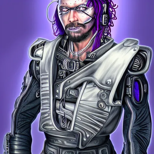 Image similar to a portrait photo of a futuristic sci - fi pirate, purple themed, cybernetically enhanced pirate, cyborg