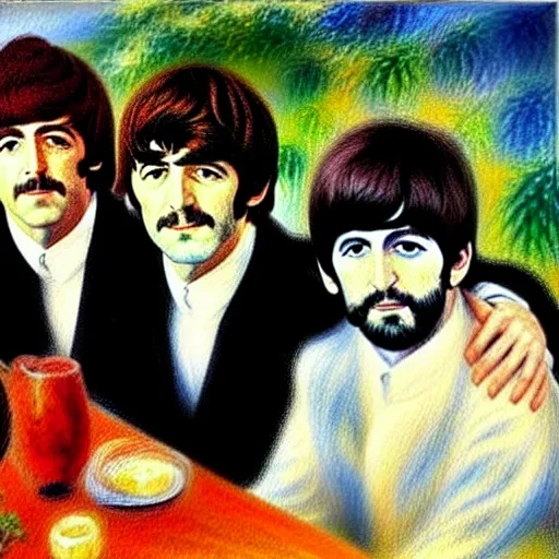 Image similar to Painting of The Beatles, in the style of Renoir