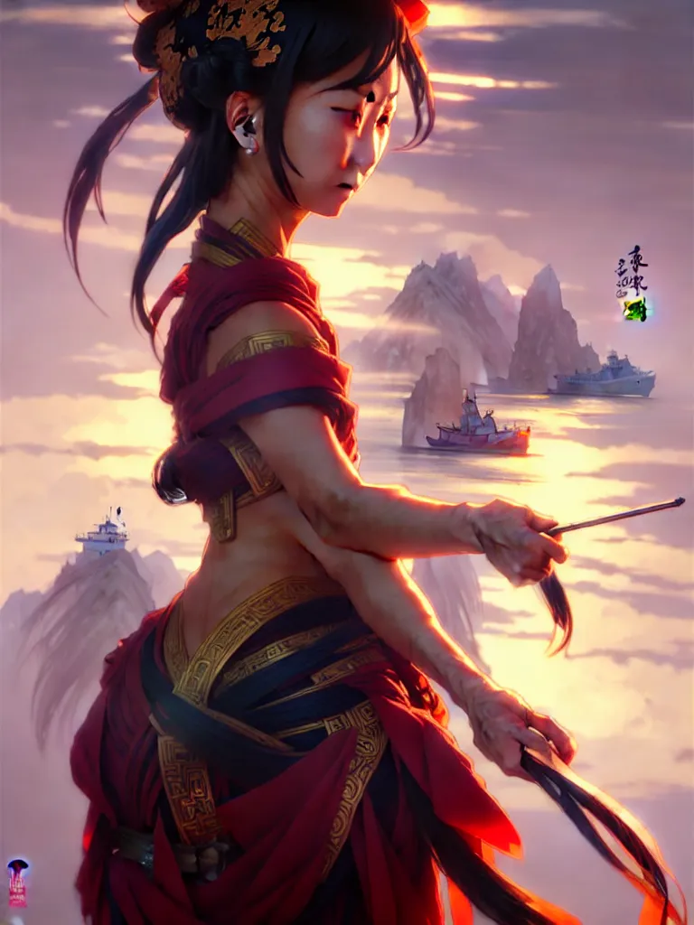 Image similar to 'Hu Tao' character in liyue harbor, Genshin Impact, fantasy, anime, manga, game art, concept art, digital painting, art by artgerm and greg rutkowski and alphonse mucha