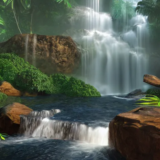 Prompt: A beautiful tropical waterfall, Unreal engine, Oil on Canvas, Realism, 4k, Volumetric lighting, -step 50