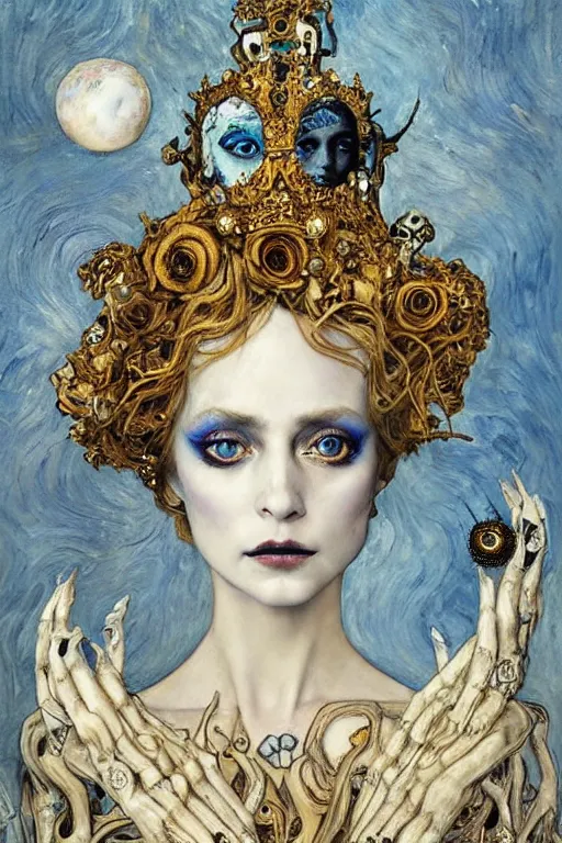 Image similar to The Princess of Bones by Karol Bak, Jean Deville, Gustav Klimt, and Vincent Van Gogh, portrait of a porcelain princess wearing a crown, porcelain ball-joint doll face with blue painted tattoos, pale blue eyes, hair made of shimmering ghosts, mystic eye, otherworldly, crown made of bones, ornate jeweled crown, skulls, fractal structures, arcane, inscribed runes, infernal relics, ornate gilded medieval icon, third eye, spirals