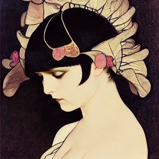 Prompt: louise brooks wearing an elaborate chinese cloud headdress beautiful detailed romantic art nouveau lithograph face portrait by alphonse mucha and gustav klimt, hauntingly beautiful refined moody dreamscape