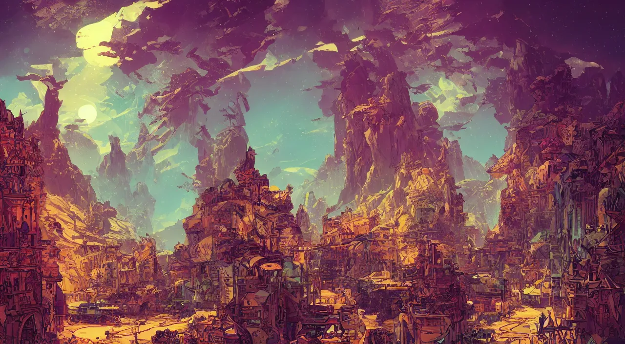 Image similar to vector wonderland bazaar zouk old egypt sky shine epic fantasy painting photoshop that looks like it is from borderlands and by feng zhu and loish and laurie greasley, victo ngai, andreas rocha, john harris