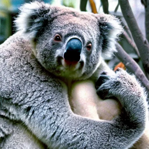 Image similar to epic real life scene of a giant koala attacking melbourne in 1 9 9 7