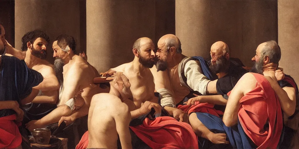 Image similar to beautiful oil matte portrait painting, men discussing politics inside a greek forum, wonderful masterpiece highly detailed, beautiful cinematic light deep focus, elegant, digital painting, smooth, sharp focus, golden ratio, dramatic illumination, ultra realistic, 8 k, art by artemisia lomi gentileschi and caravaggio