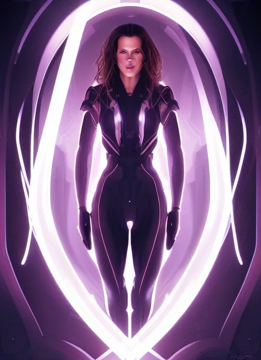 Image similar to symmetry!! portrait of kate beckinsale, sci - fi, gateway to another dimension, tech wear, glowing lights!! intricate, elegant, highly detailed, digital painting, artstation, concept art, smooth, sharp focus, illustration, art by artgerm and greg rutkowski and alphonse mucha