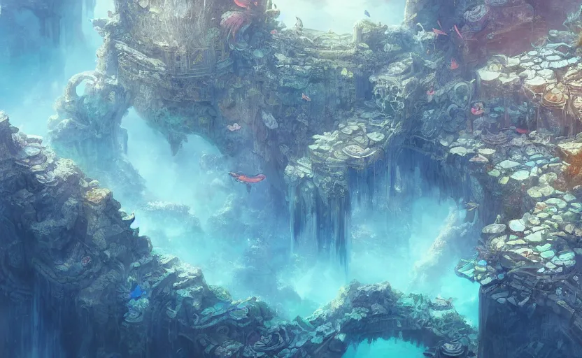 Image similar to sunken underwater temple in the abyss, fish, palladian, doric, illustration, concept art, digital art, colorful, blue, detailed, by yanjun chen, by garry larrson, arstation