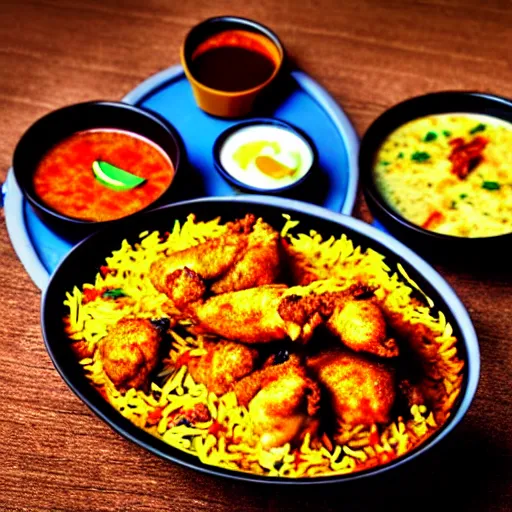 Prompt: A South Indian college student is eating chicken biryani in an Andhra mess, highly detailed, photorealistic, 4k