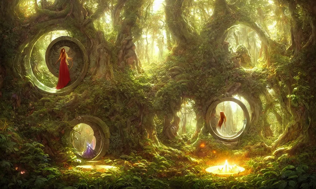 Image similar to Fantasy Magical fairy-tale portal in the forest. Round stone portal teleport in trees to other worlds. Fantastic landscape. Magic Altar in the fores, highly detailed, digital painting, artstation, concept art, smooth, sharp focus, illustration, art by artgerm and greg rutkowski and alphonse mucha