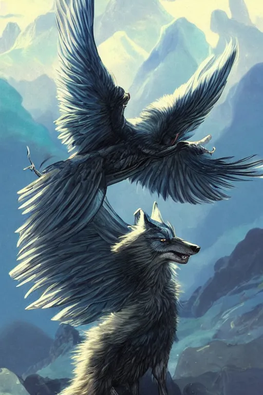 Image similar to blue feathered wolf with wings on a beautiful fantasy landscape, facing front, hills, mountains, moonlit, hd, illustration, epic, d & d, fantasy, intricate, elegant, highly detailed, digital painting, artstation, concept art, smooth, sharp focus, illustration, wallpaper, art by artgerm and greg rutkowski and alphonse mucha and jin xiaodi