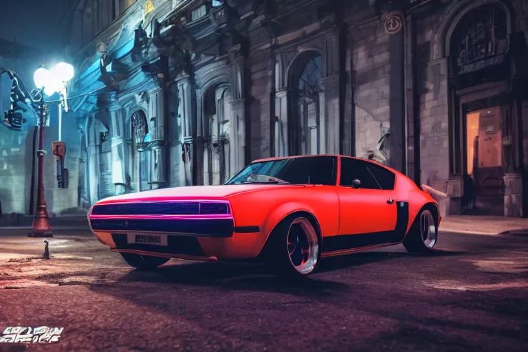 Image similar to widebody audi camaro b 1 ( 1 9 6 9 ), need for speed : carbon, at night, sci - fi, neon lines, lviv historic centre, phonk music background, smoke behind wheels, noise, dark, establishing shot, by simon stalenhag