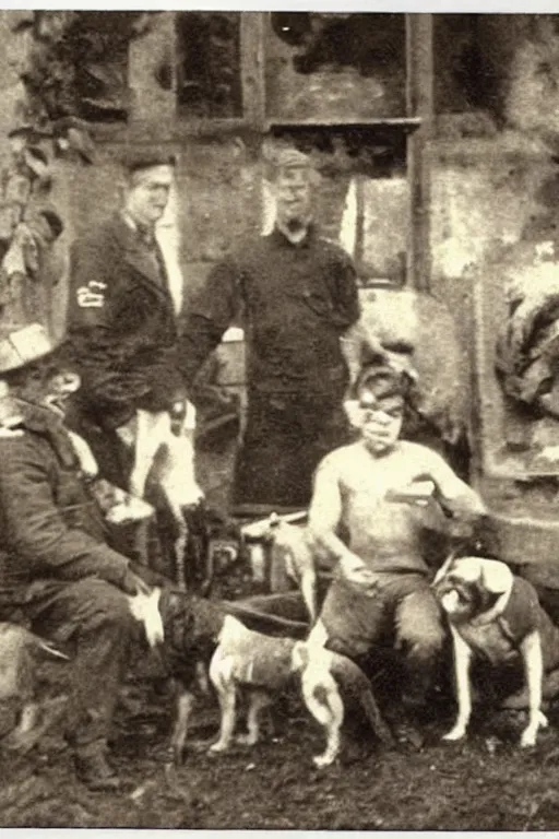 Image similar to men eating dog, old photo