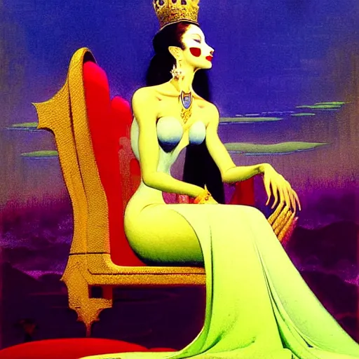 Image similar to a beautiful painting of a queen in a designer dress sitting on a throne, by bruce pennington, by eyvind earle, nicholas roerich, by frank frazetta, by georgia o keeffe, by dean cornwell, highly detailed, contest winner, eerie, ominous, tonalism, jewels, rich baghdad, oriental, desaturated, anime