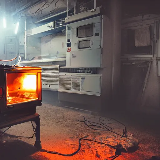 Image similar to cyborg toaster oven repairman, dark messy smoke - filled cluttered workshop, dark, dramatic lighting, orange tint, sparks, plasma rays, cinematic, highly detailed, sci - fi, futuristic, movie still, rule of thirds composition