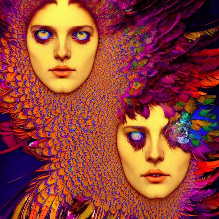 Image similar to face of innocent psychedelic transcendent feather mind bending psychedelic wings of glossy liquid honey flowing like kaleidoscopic translucent holograph, lsd feathers, feathery fluff, enlightenment, high contrast dappled lighting, refracted sunset, highly detailed, concept art, art by collier, albert aublet, krenz cushart, artem demura, alphonse mucha