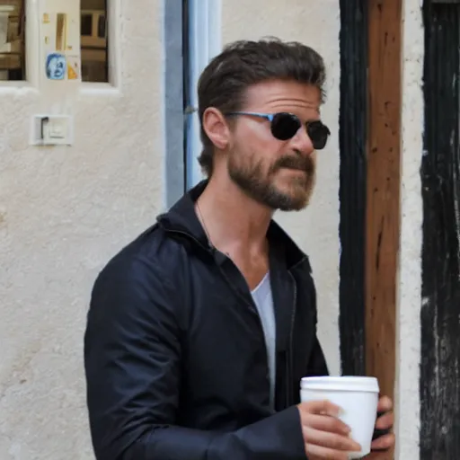 Prompt: brad pit drinking coffee in montenegro