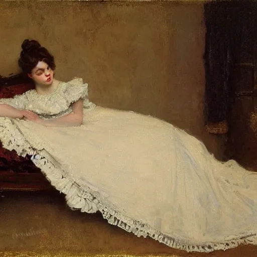 Prompt: victorian girl in ball gown sleeping, painting by alfred stevens