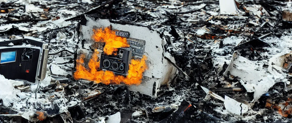 Image similar to filmic extreme closeup dutch angle movie still 4k UHD 35mm film color photograph of a texas instrument data tape player partly melted and burnt with smoke rising behind it, sitting among the rubble of a completely burned down structure in the snow in Antarctica at night