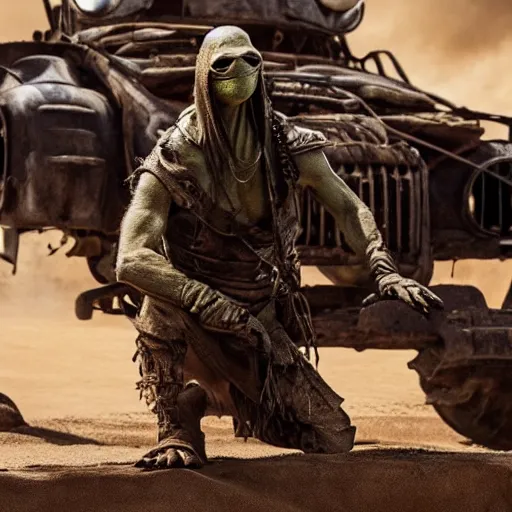 Image similar to kermit as a warlord in madmax fury road, 4 k, high detail, high - resolution photograph, professional photography, ultra - detail