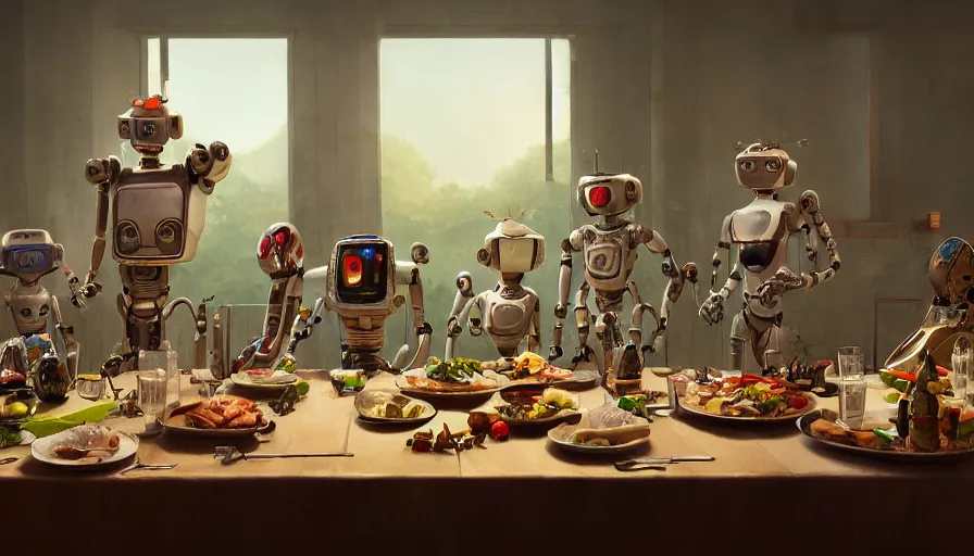 Image similar to a table dinner of robots where robots are dressed like the characters from the midsommar movie, cinematic, hyperdetailed, octane render, trending on art station, ultrarealistic