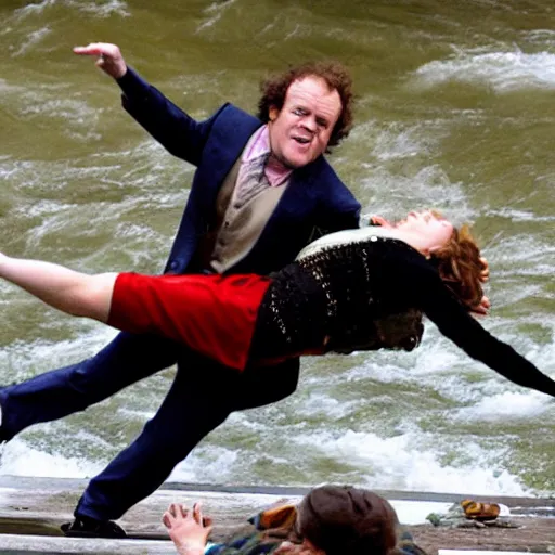 Image similar to a photograph of john c reilly throwing emma watson off of a bridge into a river