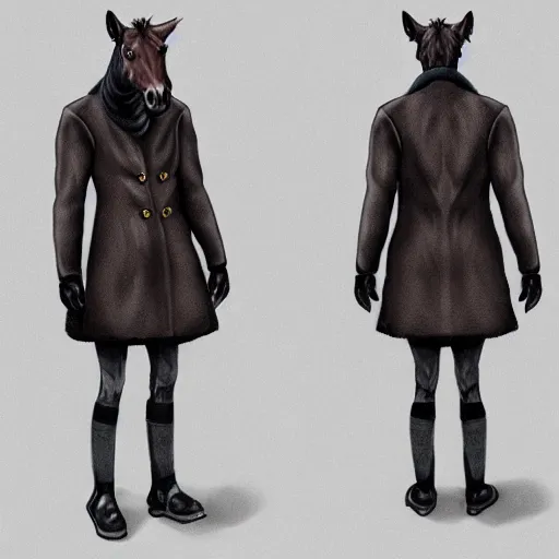 Prompt: concept art of hybrid human and horse wearing coat, anthropomorphic horse wearing a coat and standing on two legs like human, digital art, photo realistic, highly detailed