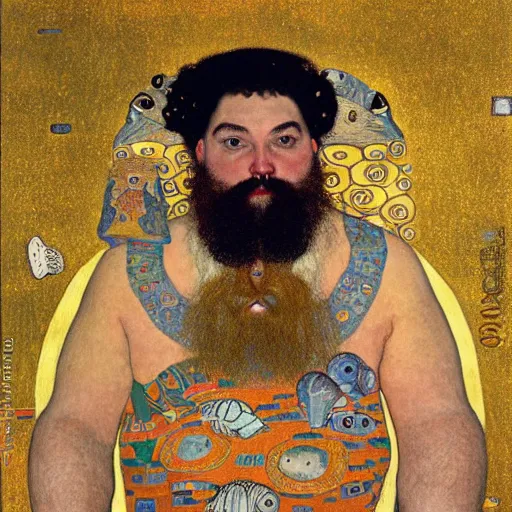 Prompt: by gustav klimt jaunty. a print of a mythological scene. large, bearded man seated on a throne, surrounded by sea creatures. he has a trident in one hand & a shield in the other. behind him is a large fish. in front of him are two smaller creatures.