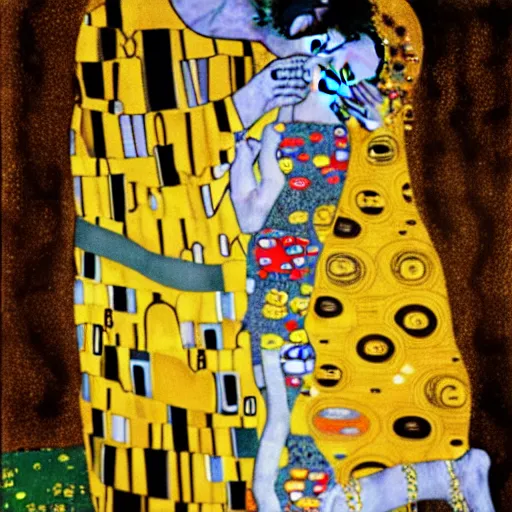 Image similar to a man hugging himself, Gustav Klimt painting