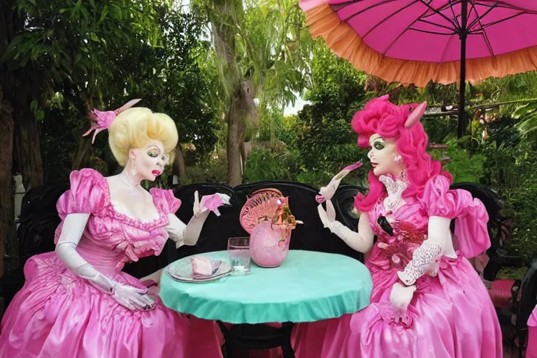 Prompt: Angelyne and martina bigg share stories on the veranda, painted by mark ryden
