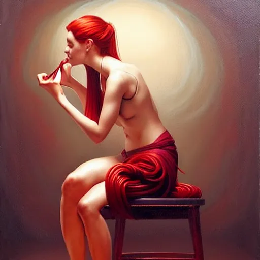 Image similar to a beautiful woman tied to a chair using spaghetti, a woman wrapped in spaghetti, painting by Charlie Bowater and Gerald Brom