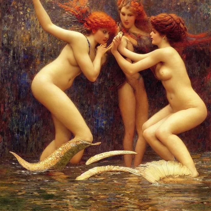 Image similar to beautiful portrait of mermaids wrestling, hard lighting, graceful, full body, warm lighting, painting by gaston bussiere, craig mullins, j. c. leyendecker, lights, art by ernst haeckel, john william godward, hammershøi