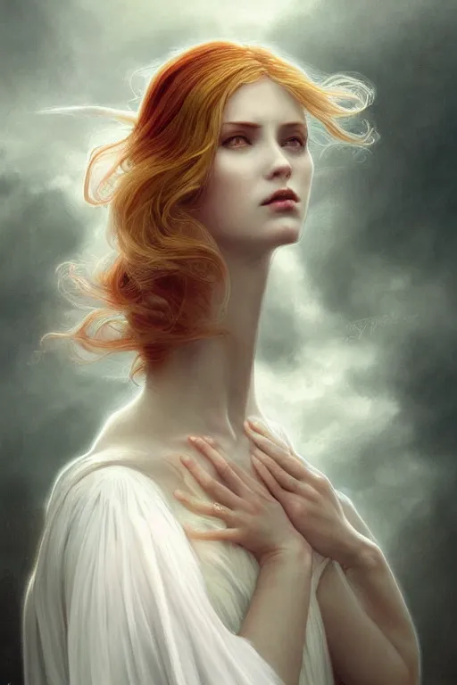 Image similar to portrait of white ghost, dark fantasy, gradient white red grey, dreamy and ethereal, green eyes, golden ratio, peaceful expression, lace, fantasy, intricate, elegant, stormy sky, highly detailed, digital painting, artstation, concept art, smooth, b sharp focus, illustration, art by artgerm and greg rutkowski and alphonse mucha