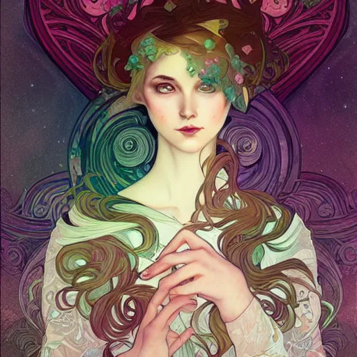 Prompt: a portrait in the style of anna dittmann and loish and alphonse mucha.