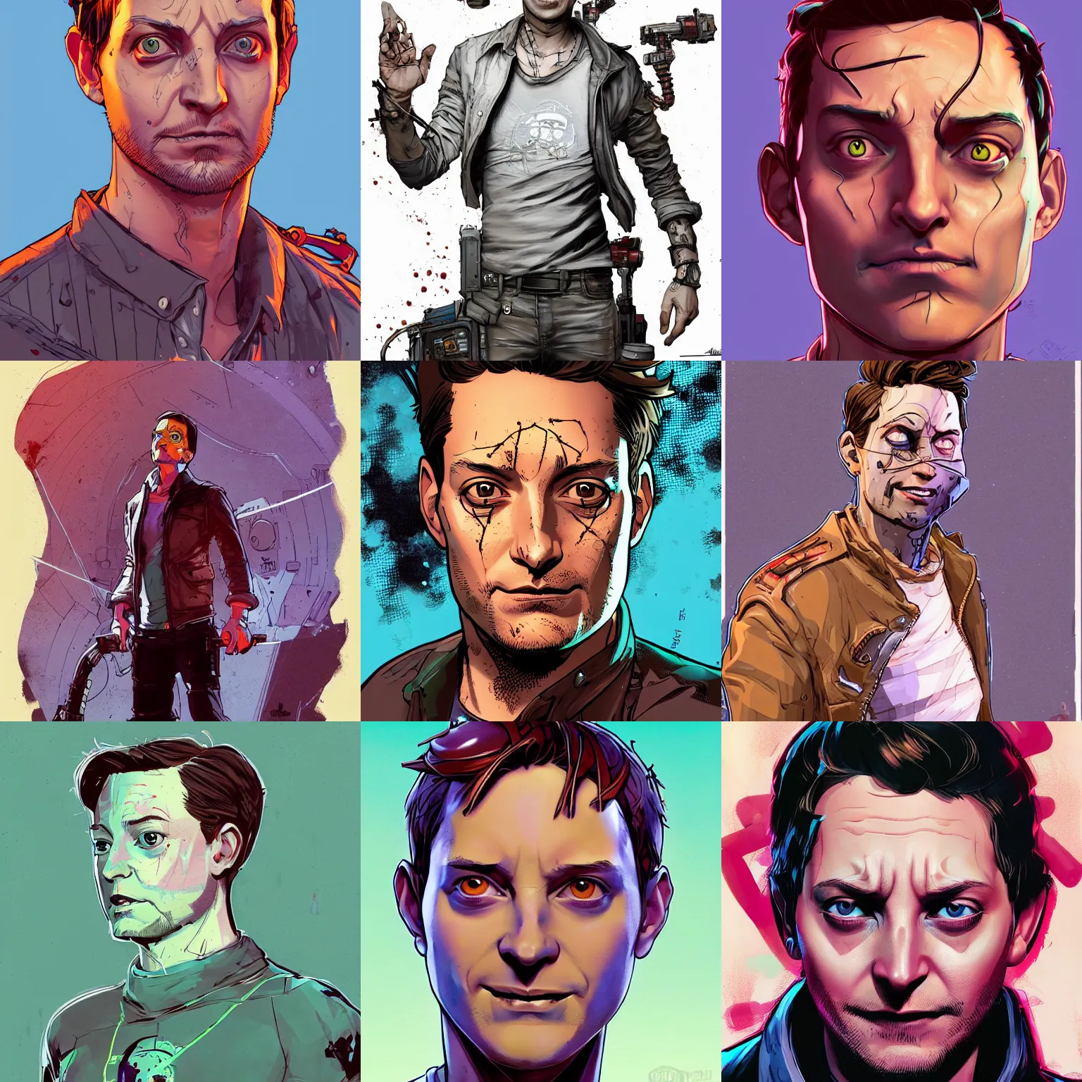 Prompt: a study of cell shaded portrait of tobey maguire as Borderlands 3 concept art, llustration, post grunge, concept art by josan gonzales and wlop, by james jean, Victo ngai, David Rubín, Mike Mignola, Laurie Greasley, highly detailed, sharp focus, alien, Trending on Artstation, HQ, deviantart, art by artgem