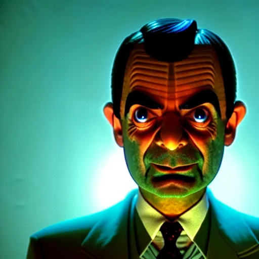 Image similar to mr. bean as doctor manhattan. movie still. cinematic lighting.