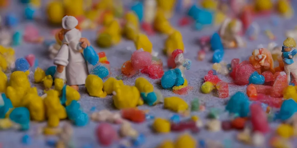 Image similar to a cinematic film still of a claymation stop motion film about a town made of lemons and candy, shallow depth of field, 8 0 mm, f 1. 8