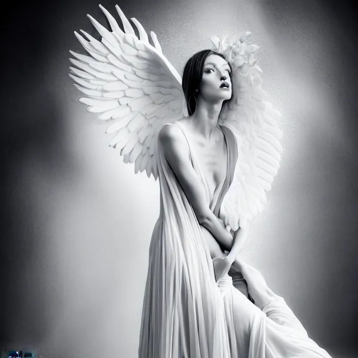 Prompt: portrait of a beautiful woman like a fallen angel, total body dressed in long elegant intricate ornamental white dress, smooth, sharp focus, fine art photography by Giovanni Gastel, professional studio lighting, volumetric lighting, dark colors , hyper realistic photography , in style of Vogue Fashion magazine