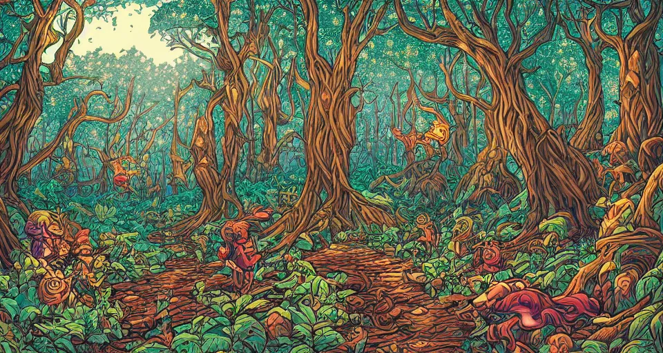 Image similar to Enchanted and magic forest, by dan Mumford