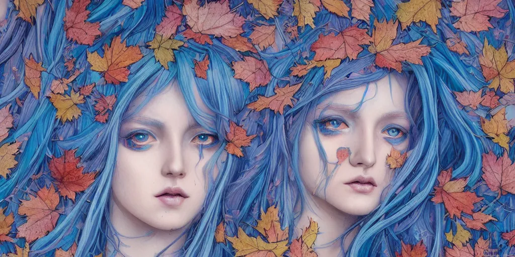 Image similar to breathtaking detailed concept art painting pattern with pastel colors of blue hair faces goddesses amalgamation autumn leaves, by james jean, bizarre compositions, exquisite detail, 8 k