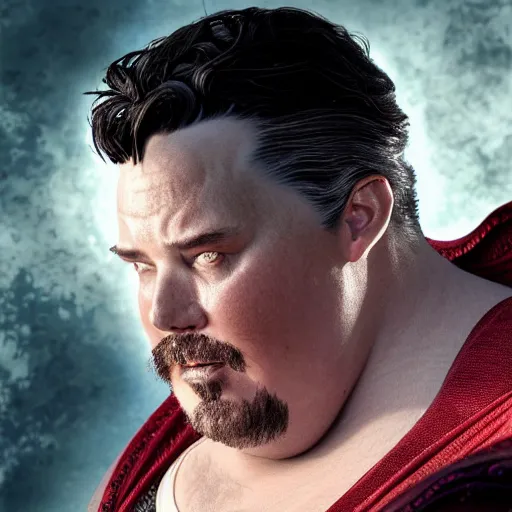 Image similar to hyperrealistic mixed media image of a morbidly obese dr. strange, stunning 3 d render inspired art by istvan sandorfi and greg rutkowski, perfect facial symmetry, realistic, highly detailed attributes and atmosphere, dim volumetric cinematic lighting, 8 k octane extremely hyper - detailed render, post - processing, masterpiece,