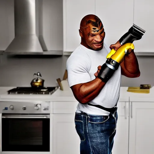 Prompt: a realistic photography of mike tyson vacuuming his kitchen with a dyson vacuum photoshoot fashion