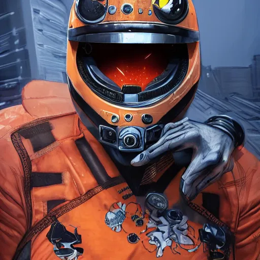 Image similar to a portrait of a monster, in an orange racing helmet by sandra chevrier, detailed render, epic composition, cybernetics, 4 k realistic, cryengine, realistic shaded lighting, sharp focus, masterpiece, by matteo scalera, gary montalbano, peter elson in the style of the tokyo ghost comic