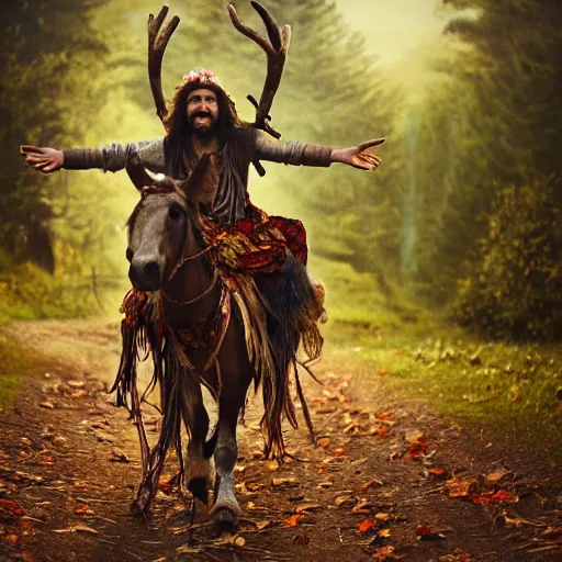 Image similar to hippie tribal hobo wearing twigs and leaves smiling sheepishly, riding tiny scuffy donkey with novelty oversized antlers, autumn forest, highly detailed, dramatic lighting, night time, cinematic, hyperrealistic, detailed, movie still from game of thrones