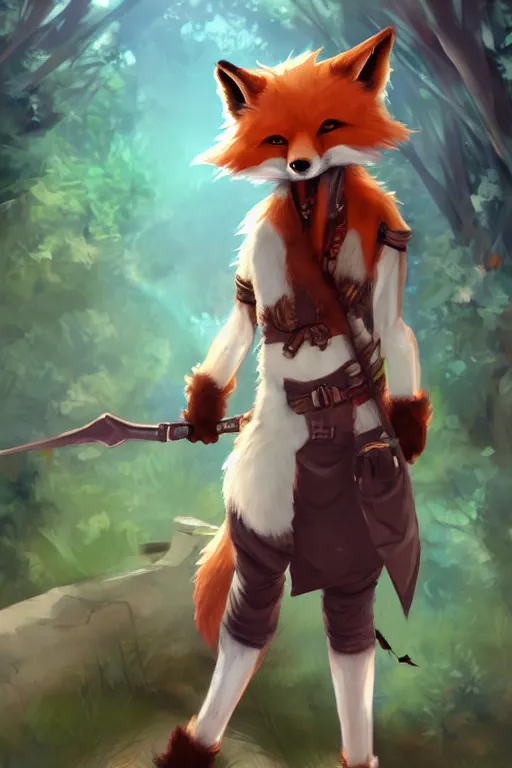 Prompt: a medevial anthropomorphic fox assassin with a fluffy tail in a forest, trending on pixiv, detailed, anime, warm lighting, backlighting, trending on furaffinity, furry art, fantasy art