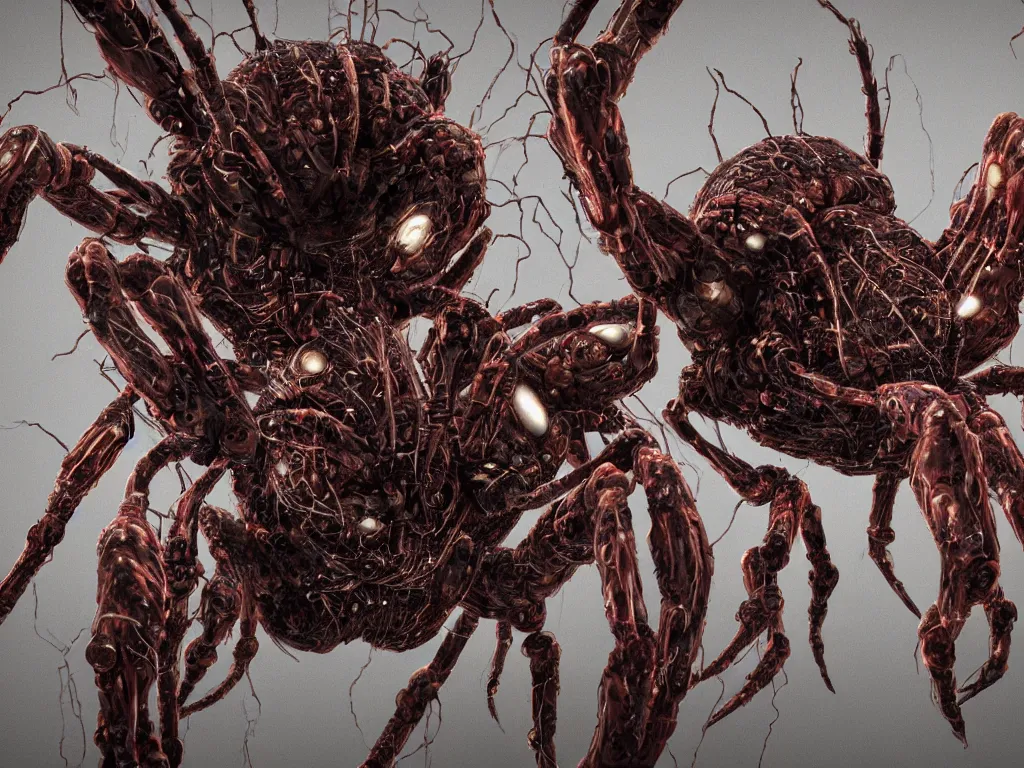 Image similar to Techno-biological iron-meat spider with big artillery cannon on his head consisting of tumors, veins, guts, kidneys, wires, long spider paws, chitin, bones. Bodyhorror, biopunk, extremely high detail, ultra realistic, photorealism, concept art, octane render, view from a distance, 8k, 16k