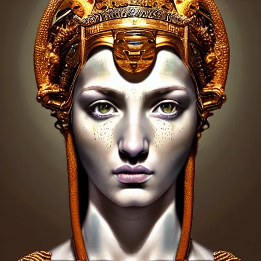 Image similar to hyperrealistic mixed media painting of beautiful goddess Athena, stunning 3d render inspired art by P. Craig Russell and Barry Windsor-Smith, perfect facial symmetry, dim volumetric lighting, 8k octane beautifully detailed render, post-processing, portrait, extremely hyper-detailed, intricate, epic composition, brown eyes, realistic eyes, correct!!! eyes, cinematic lighting, masterpiece, trending on artstation, detailed detailed detailed, masterpiece, stunning