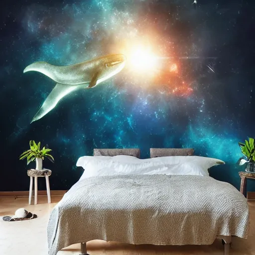 Image similar to a cozy bohemian bedroom interior with wall murals of space whales, detailed, high resolution, wow!, intricate, volumetric lighting, raytracing