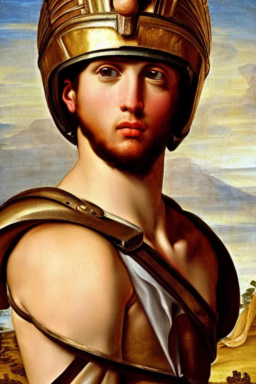 Image similar to renaissance painting of young man in the roman armour wears roman helmet, closeup, face closeup, emotions closeup, dressed in roman armour, the beautiful garden with juniper everywhere, ultra detailed, art by guido reni style, vincenzo catena style