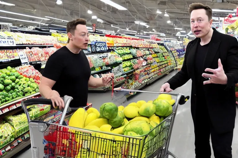 Prompt: elon musk grabbing a 💣 in the super market